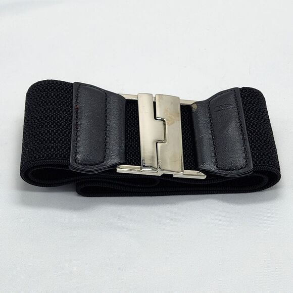 🔸️Black & Silver Wide Waist Elastic Belt Small - Picture 1 of 6